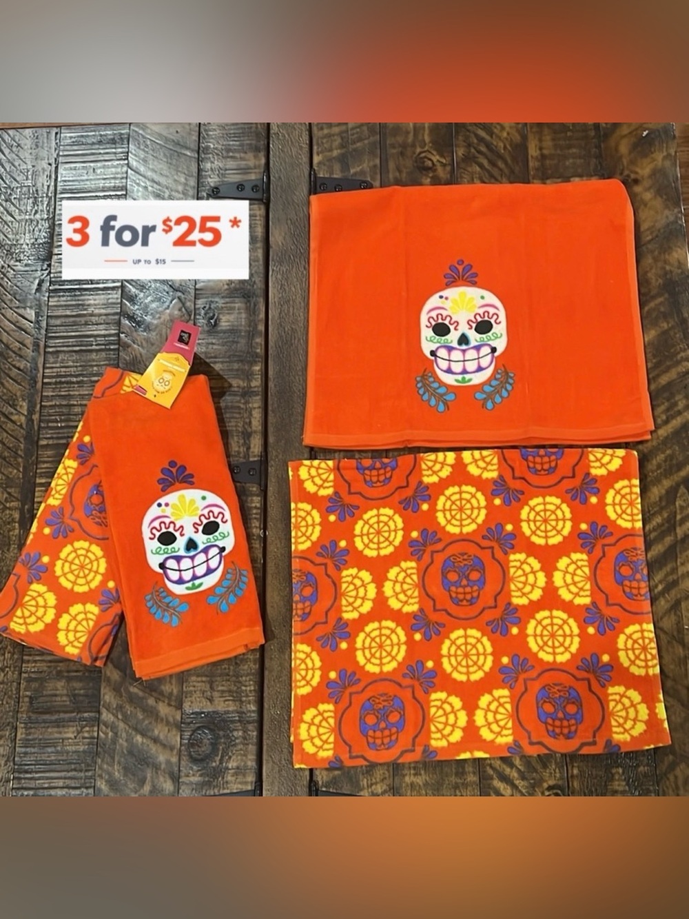 Halloween Orange Sugar Skull Kitchen Towels set
